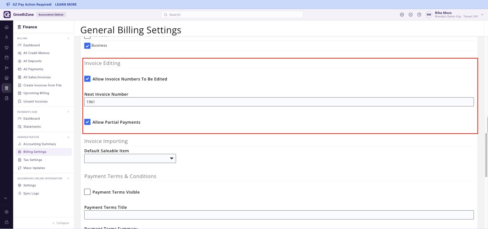 General Billing Settings, Invoice Editing section with Allow Invoice Numbers To Be Edited, Next Invoice Number and Allow Partial Payments boxed
