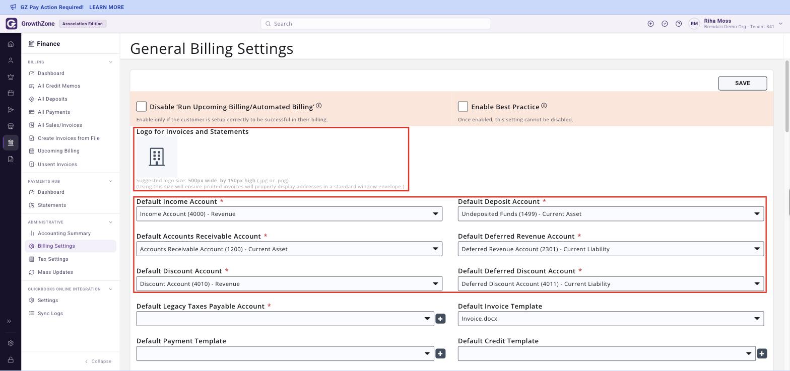 Top of General Billing Settings with the Logo for Invoices and Statements and the default account fields boxed