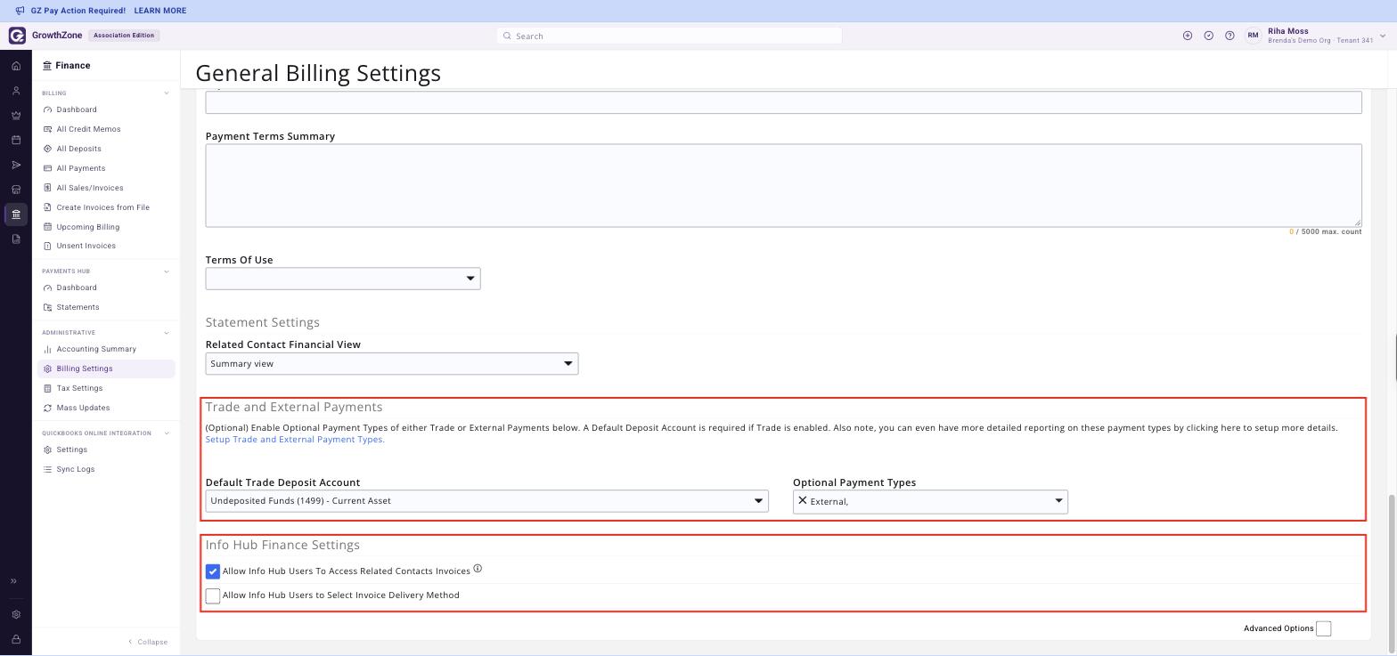 General Billing Settings, Trade and External Payments and Info Hub Finance Settings sections boxed
