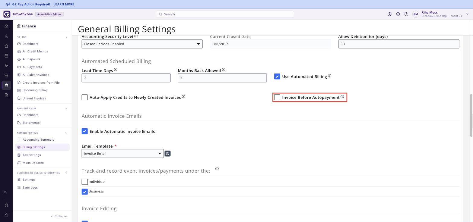 General Billing Settings, Automated Scheduled Billing section, with the Invoice Before Autopayment check-box boxed
