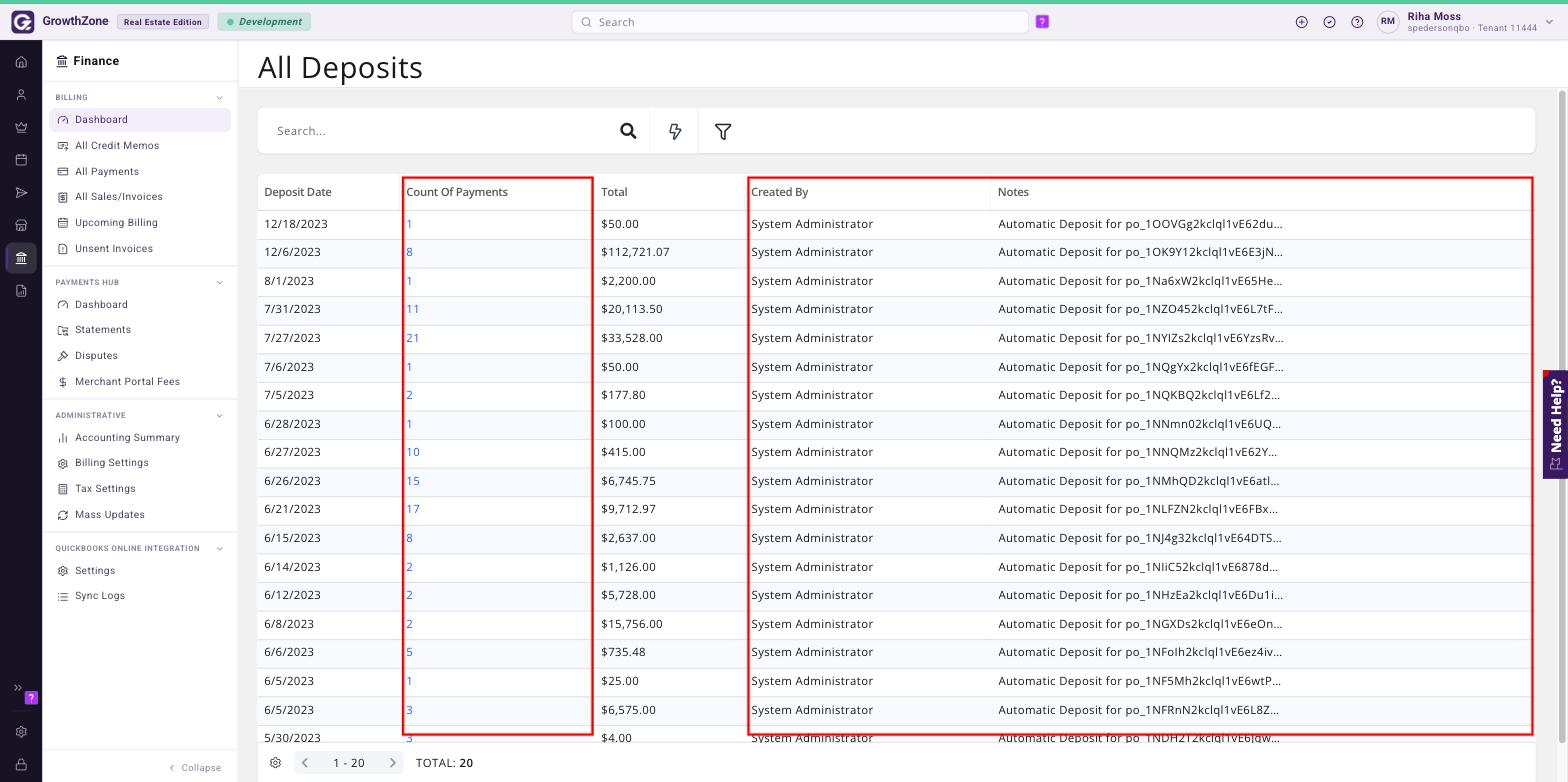 Deposits list with automatic GZ Pay deposits