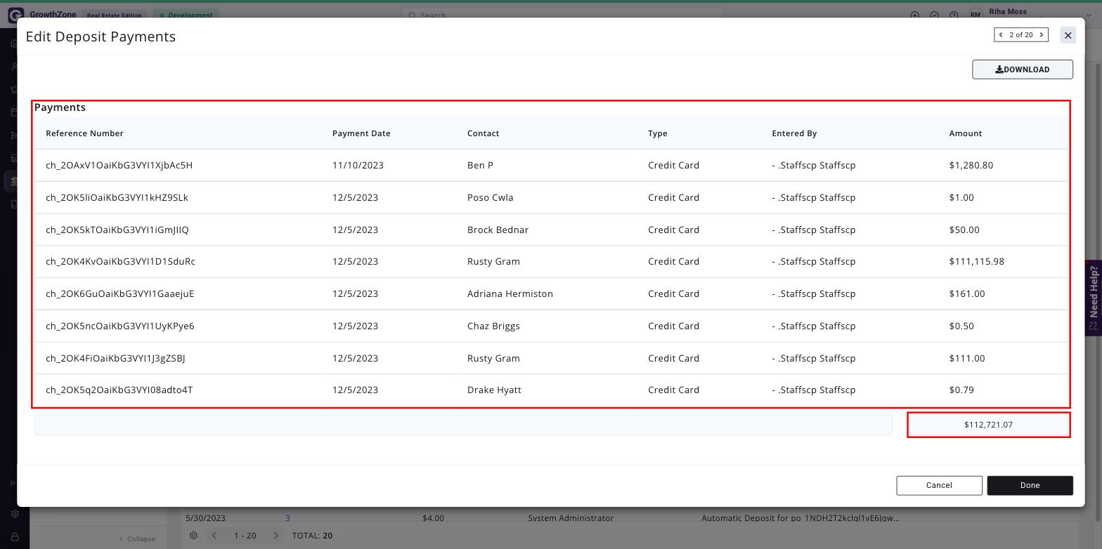 Edit Deposit Payments window showing the payments in an automatic deposit