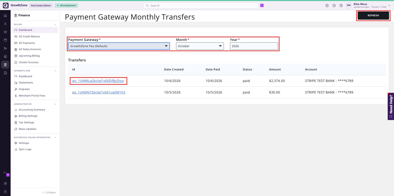 Payment Gateway Monthly Transfers page with the filters, Refresh button and a transfer ID boxed