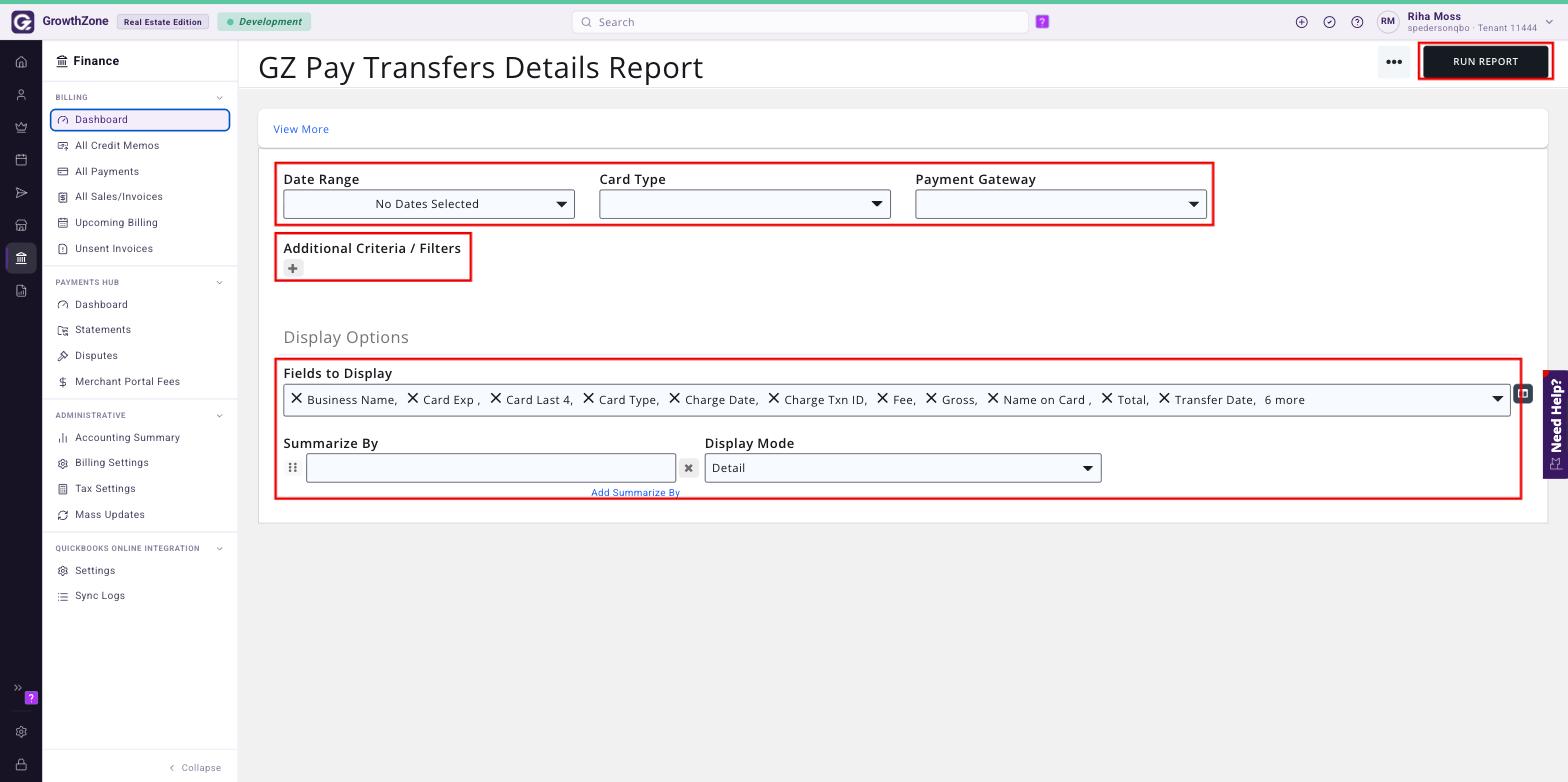 GZ Pay Transfers Details Report criteria with Date Range, Card Type, Additional Criteria, Fields to Display and Summarize By boxed