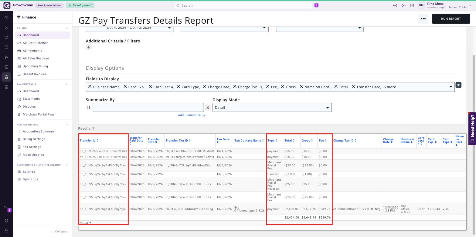 GZ Pay Transfers Details Report results with Transfer Id, Type, Total, Gross and Fee columns boxed