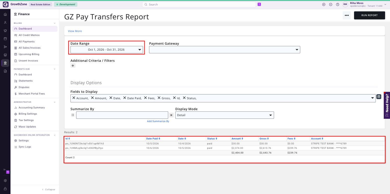 GZ Pay Transfers Report with the Date Range and results boxed