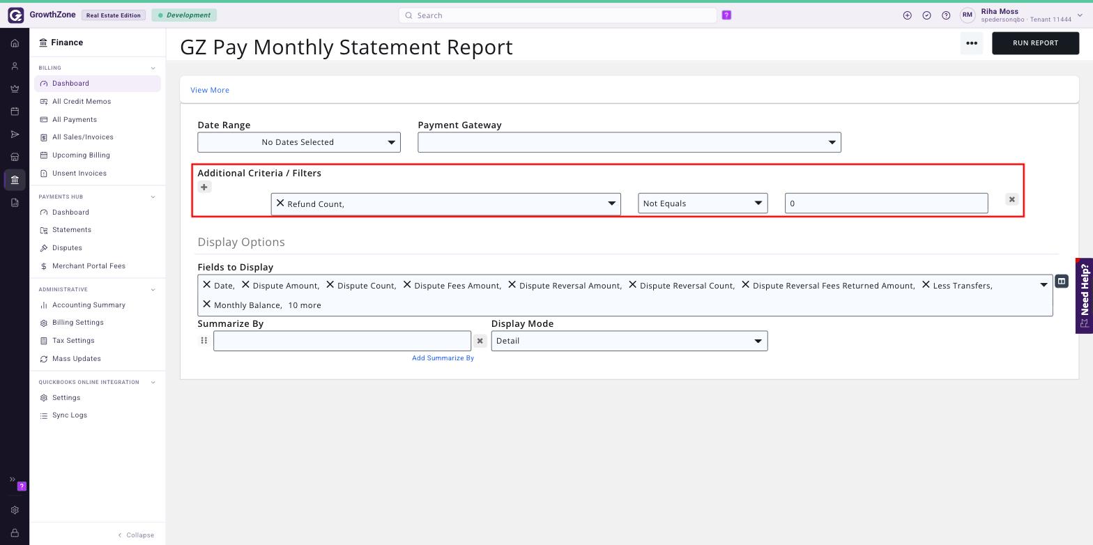 GZ Pay Monthly Statement Report with the Refund Count Not Equals 0 filter boxed