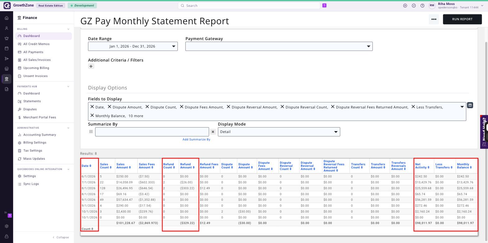 GZ Pay Monthly Statement Report results with Date, Refund Count, Refund Amount, Net Activity and Monthly Balance boxed