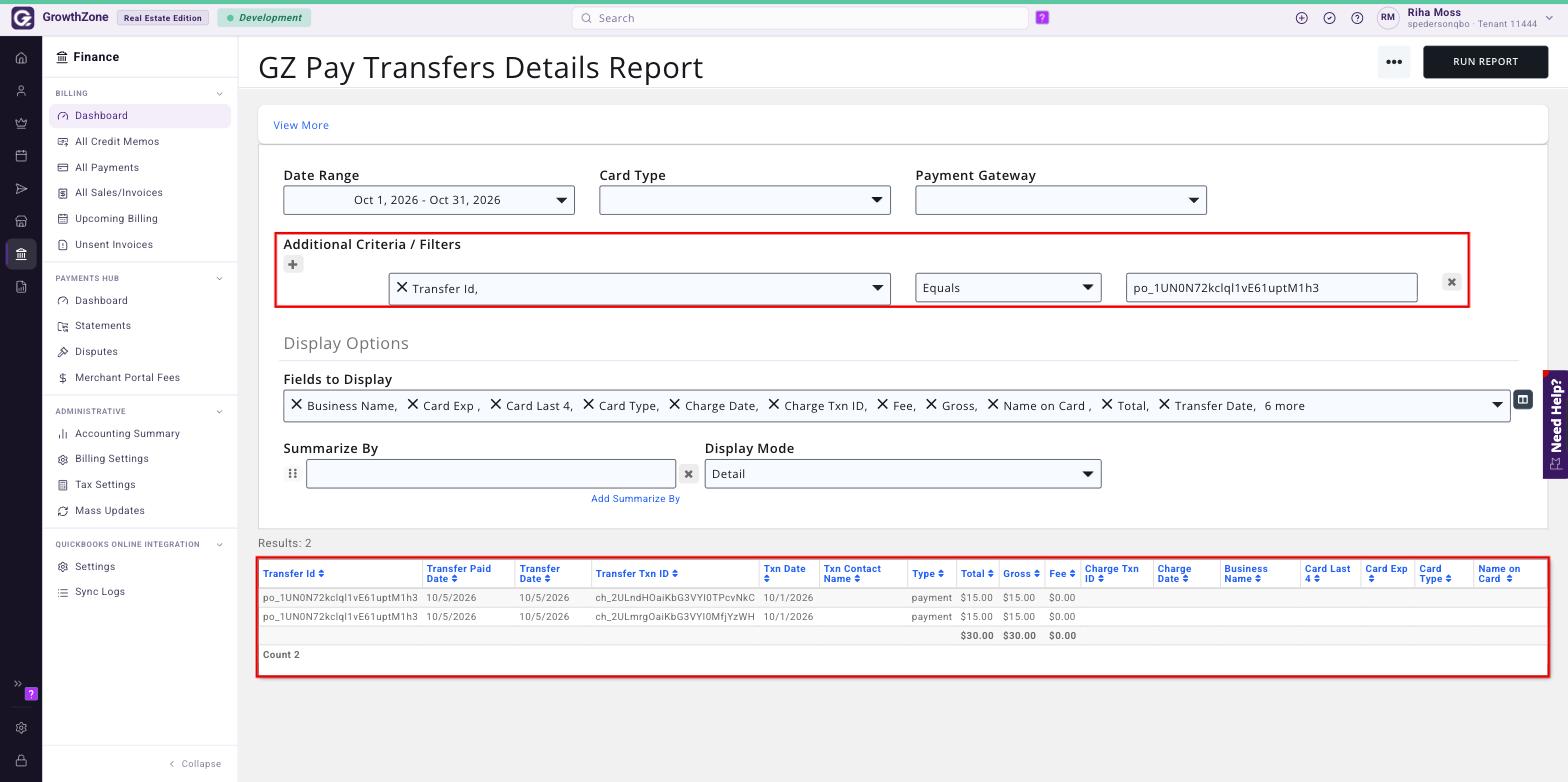 GZ Pay Transfers Details Report filtered by Transfer Id, with the filter and results boxed