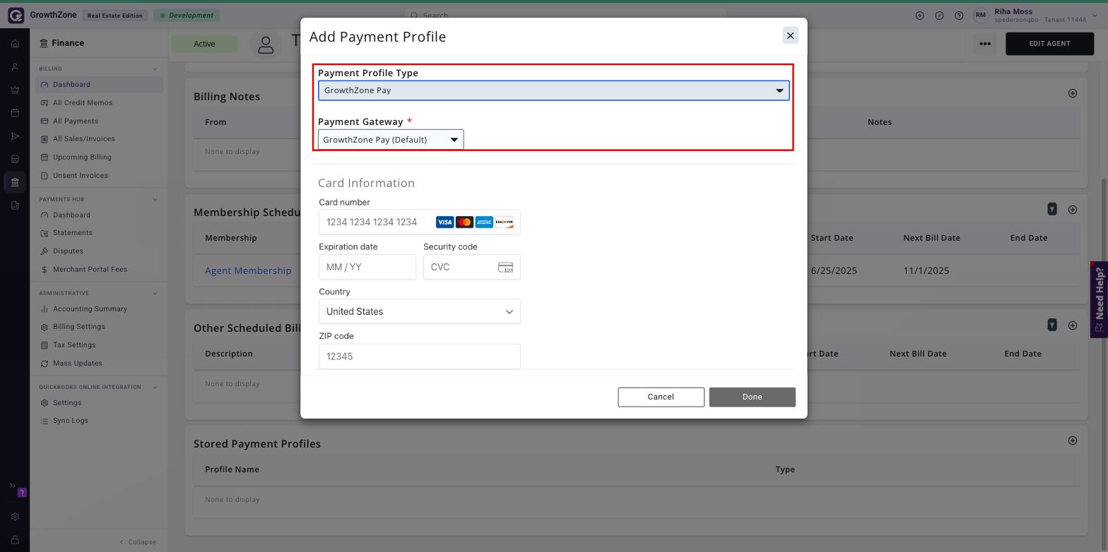 Add Payment Profile window with Payment Profile Type and Payment Gateway boxed