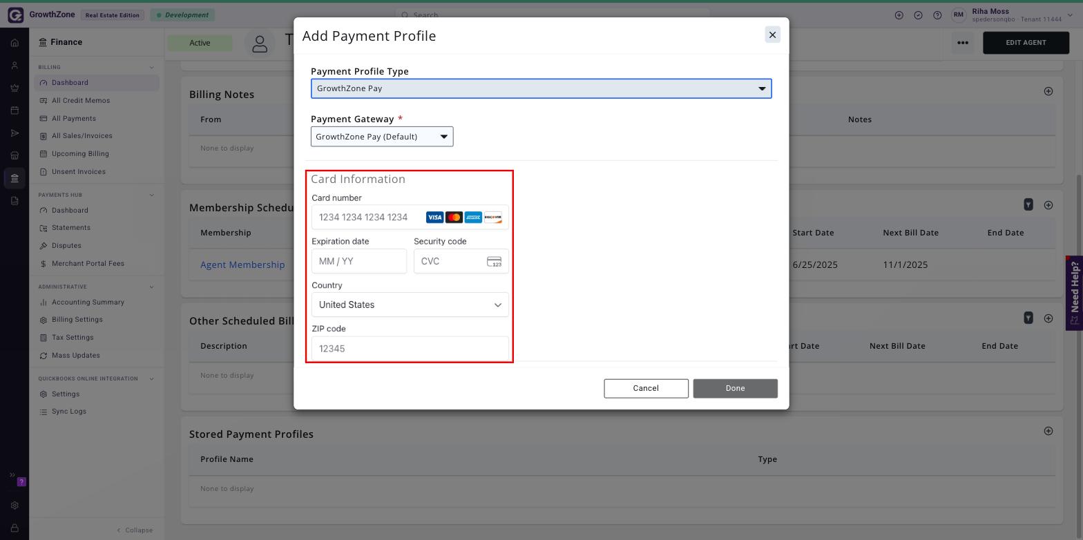 Card Information fields in the Add Payment Profile window boxed