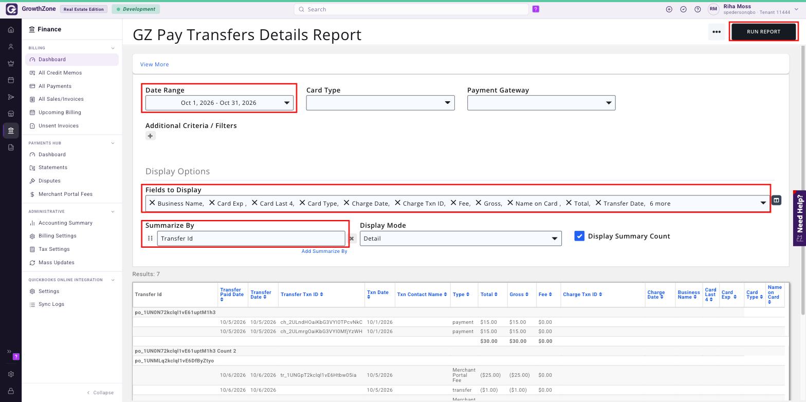 GZ Pay Transfers Details Report with Date Range, Fields to Display, Summarize By Transfer Id and Run Report boxed