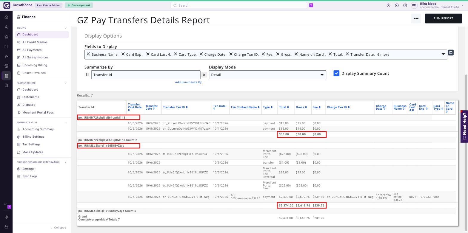 GZ Pay Transfers Details Report results grouped by Transfer Id, with each transfer and its Total, Gross and Fee subtotal boxed