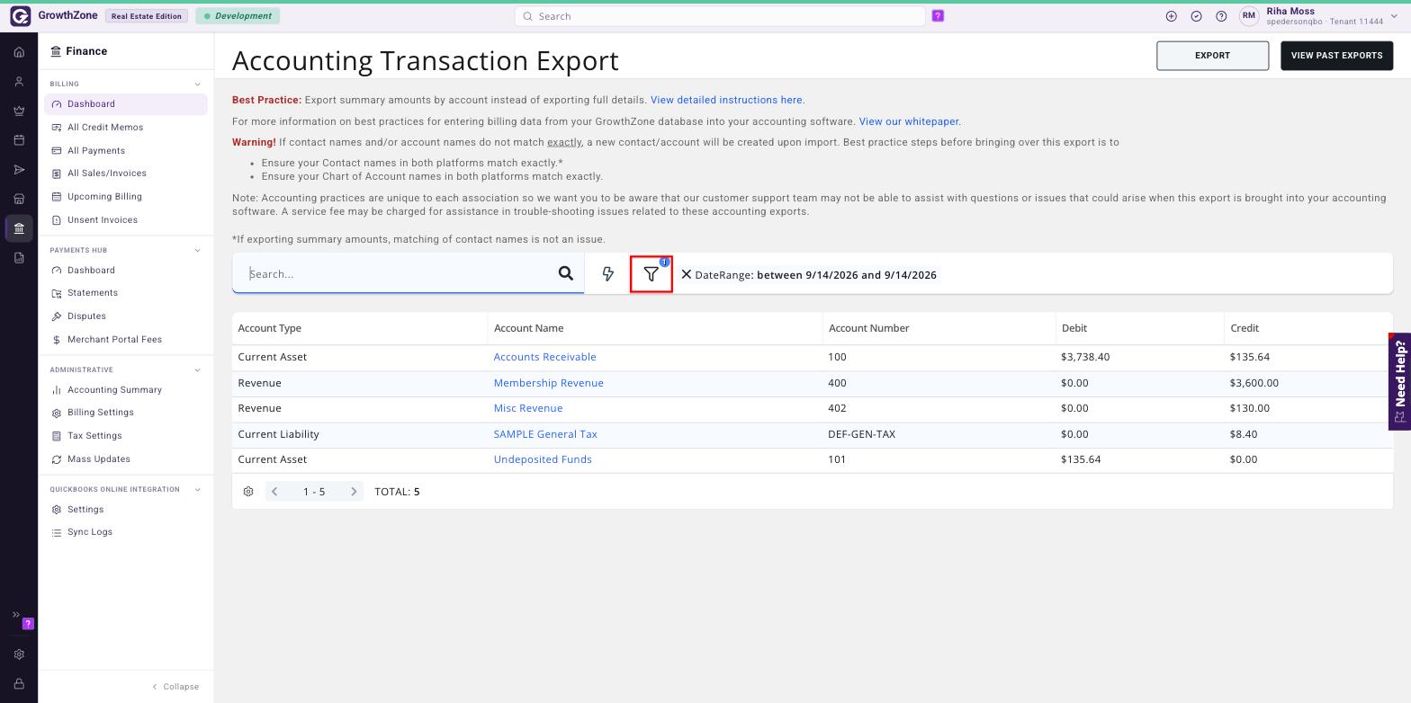 Accounting Transaction Export screen with the filter icon boxed