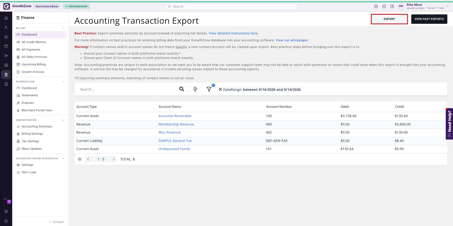 Accounting Transaction Export screen with the Export button boxed