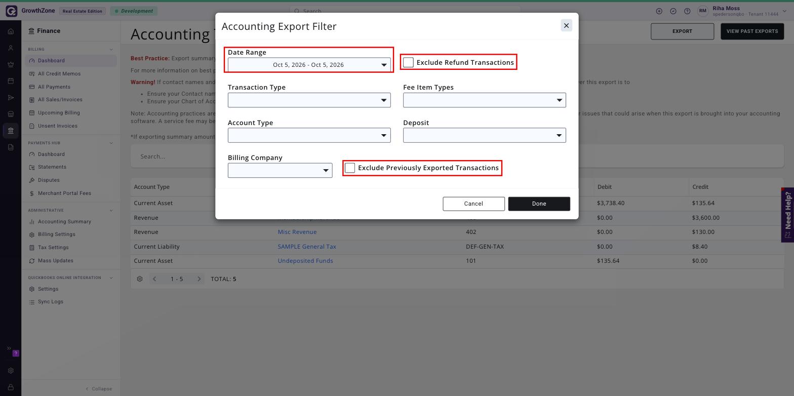 Accounting Export Filter window with Date Range, Exclude Refund Transactions and Exclude Previously Exported Transactions boxed