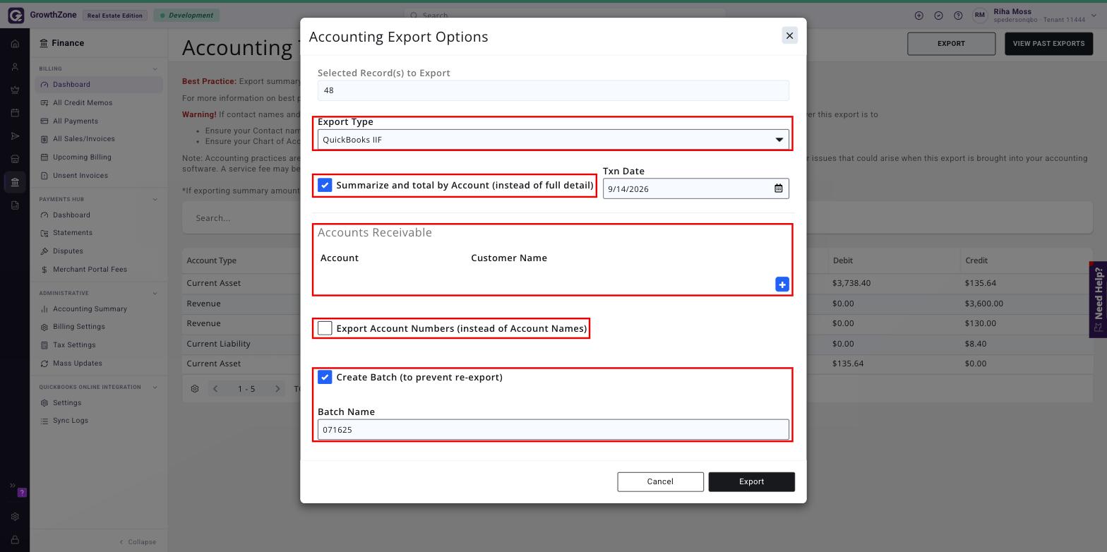 Accounting Export Options window with Export Type, Summarize and total by Account, Accounts Receivable, Export Account Numbers and Create Batch boxed