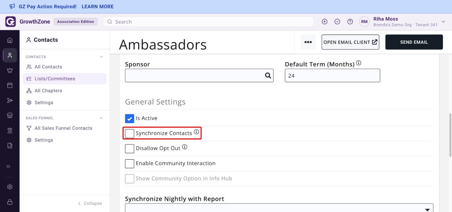 List/committee General tab with the Synchronize Contacts checkbox boxed in red under General Settings