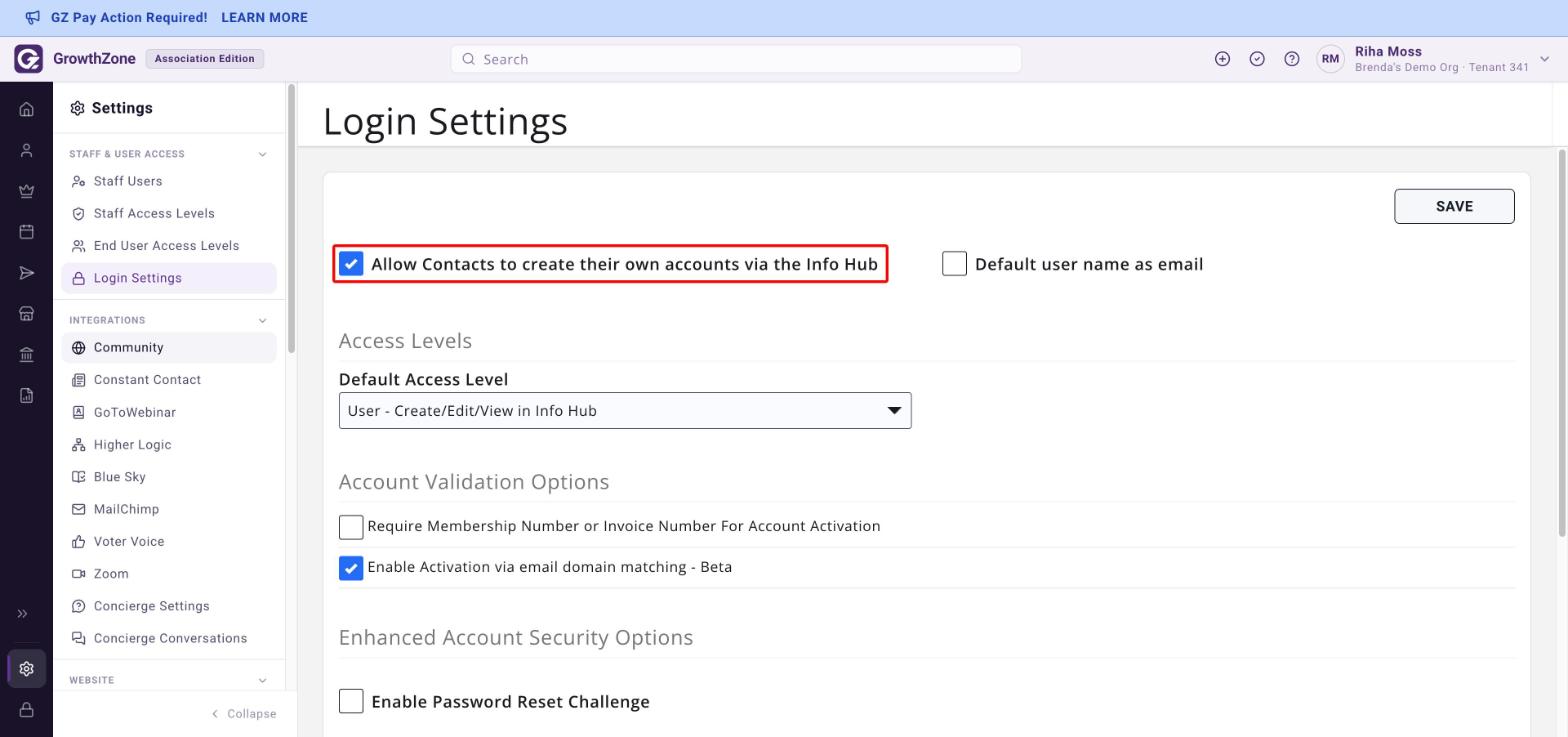 Login Settings page with Allow Contacts to create their own accounts via the Info Hub checked and boxed in red