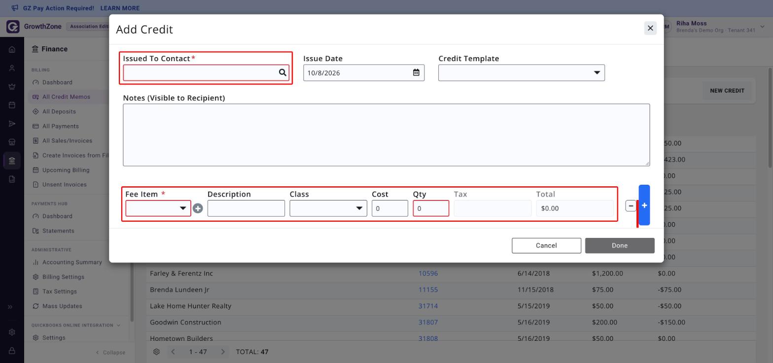 Add Credit window with the Issued To Contact field and the Fee Item, Cost and Qty line boxed in red