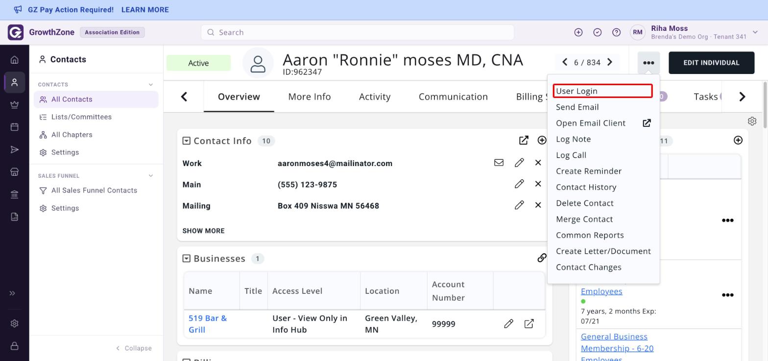 Individual contact record with the actions menu open and User Login boxed in red