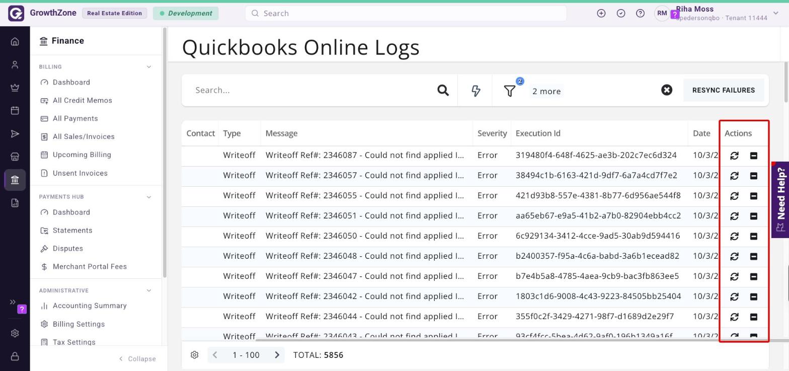 Quickbooks Online Logs filtered to errors, with the Actions column of Resync and Exclude icons boxed in red