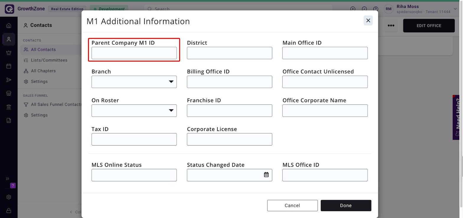 M1 Additional Information window with the Parent Company M1 ID field boxed in red
