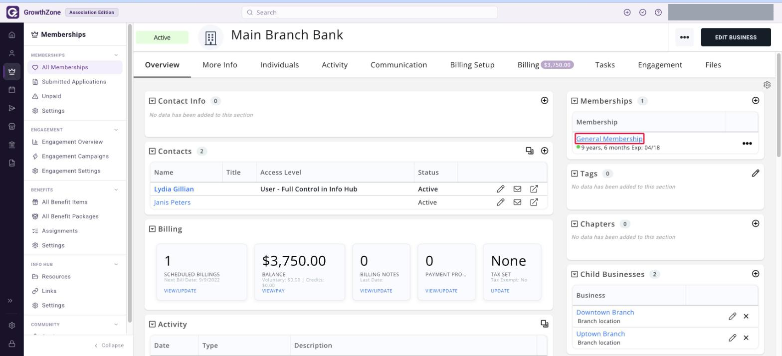 Contact record Overview tab with the General Membership link boxed in the Memberships section of the right-hand column