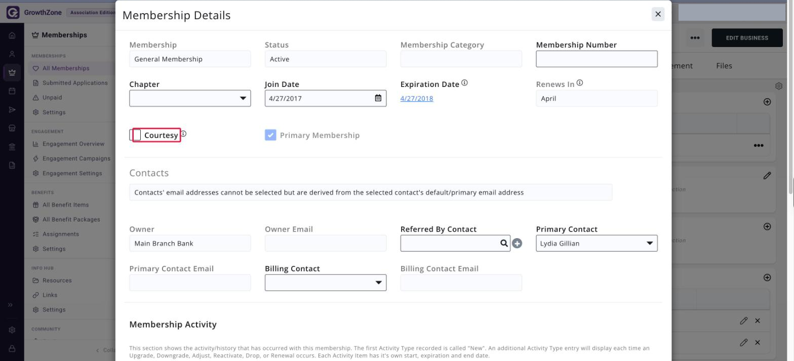 Membership Details page with the Courtesy checkbox boxed in red