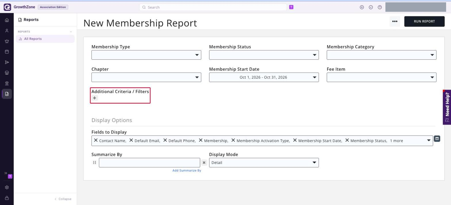 New Membership Report criteria page with the Additional Criteria / Filters heading and its plus button boxed in red