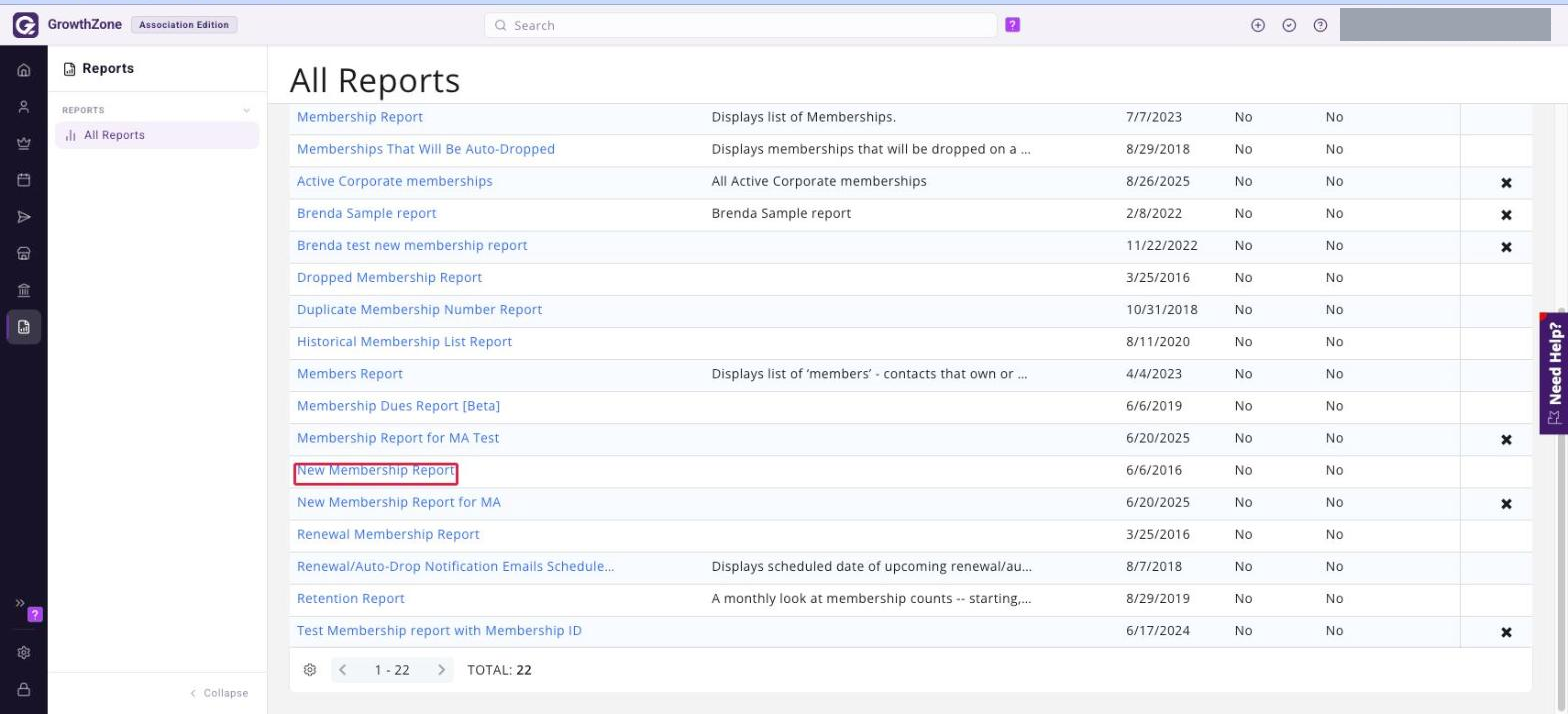 All Reports page filtered to the Memberships category, with the New Membership Report link boxed in red