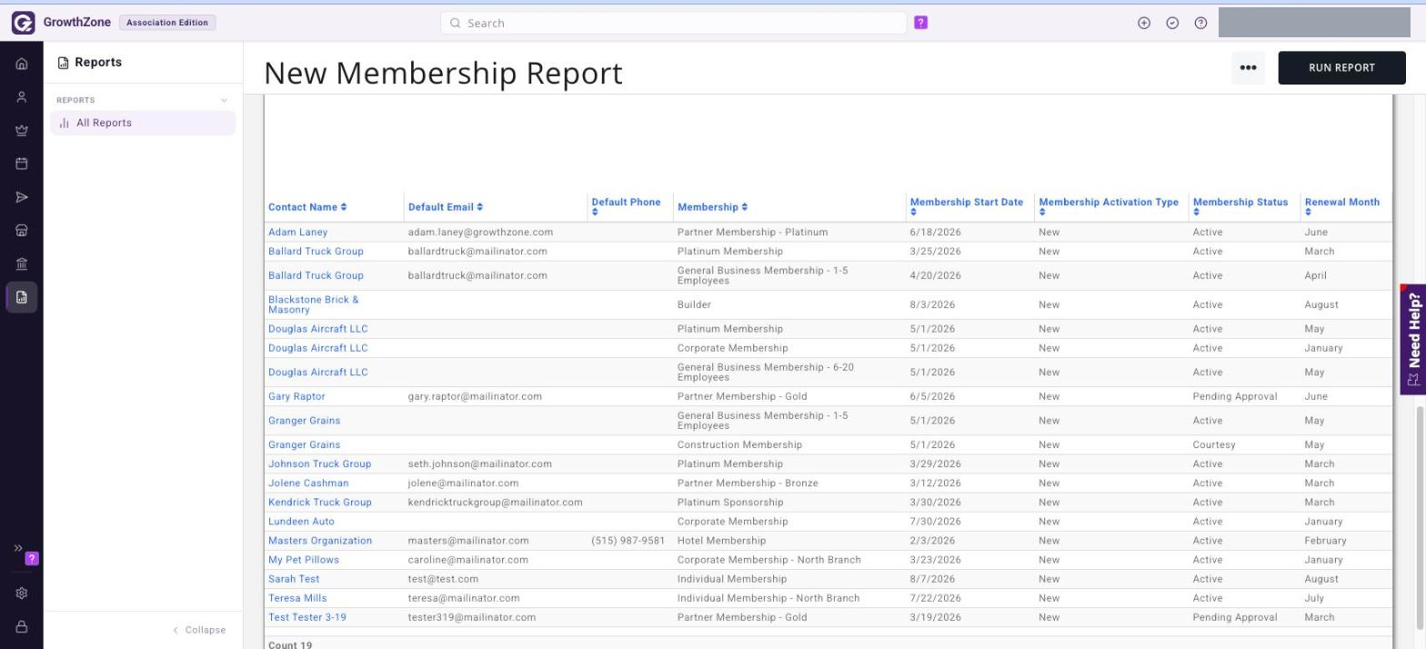 New Membership Report results for This Year, showing the chart and the results grid below it