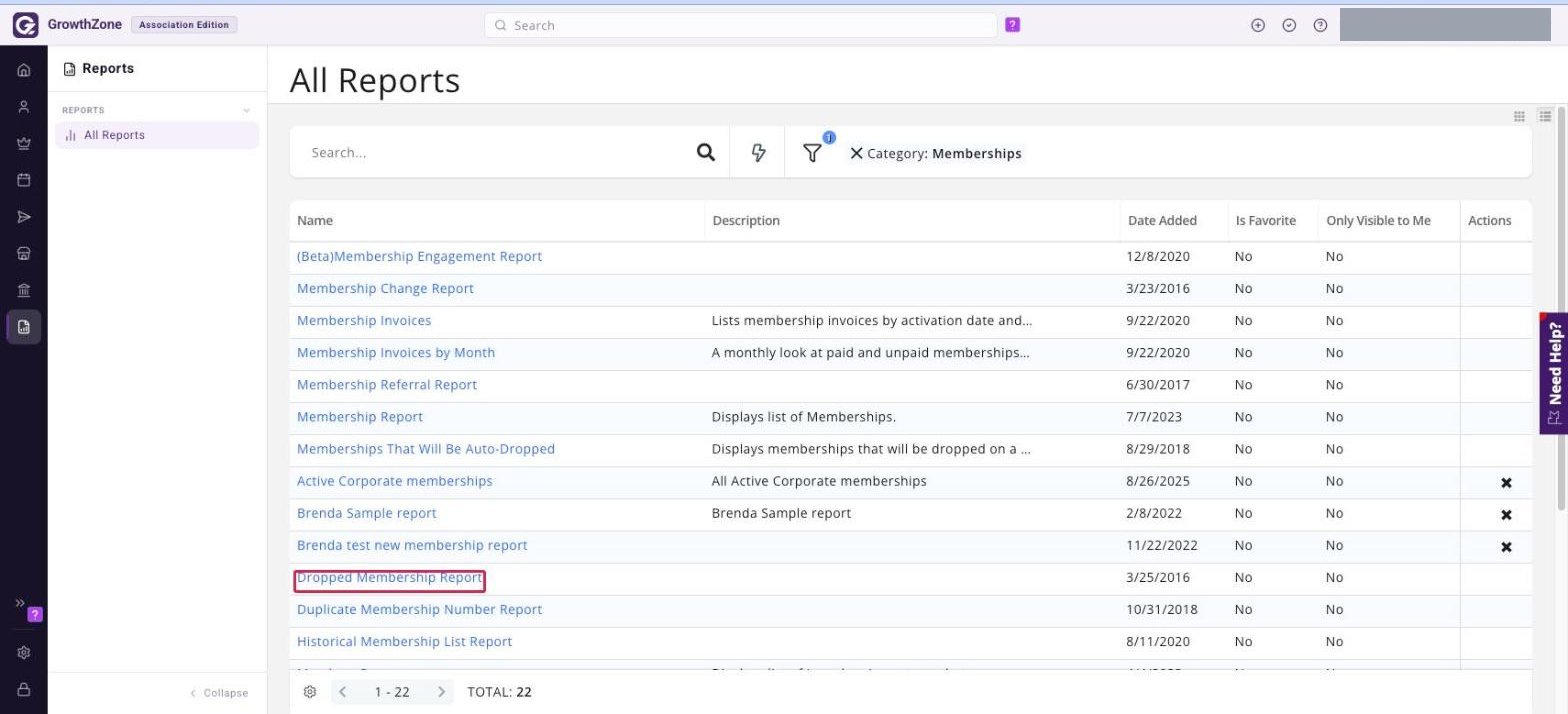 All Reports page filtered to the Memberships category, with the Dropped Membership Report link boxed in red