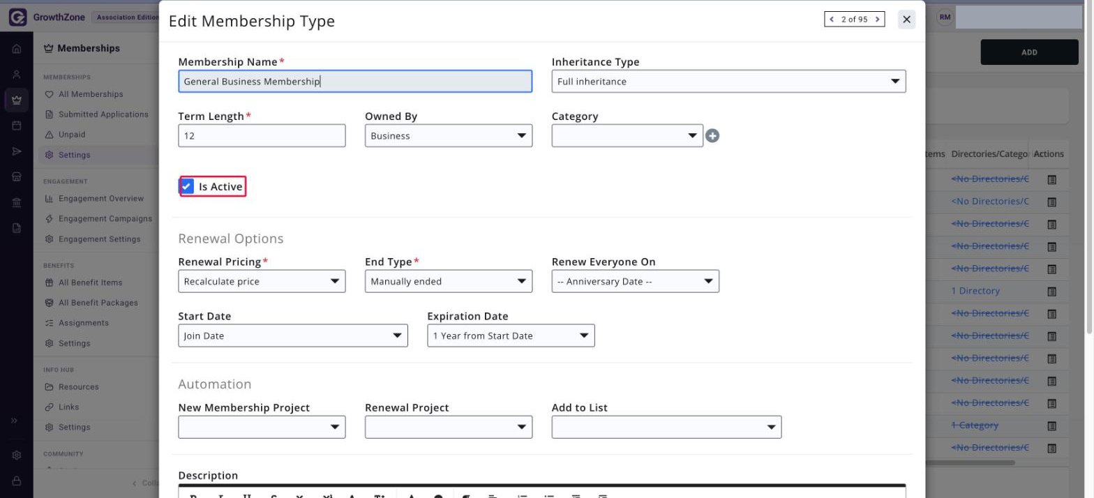 Edit Membership Type dialog with the Is Active check box boxed in red