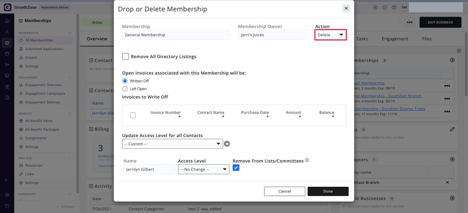 Drop or Delete Membership dialog with the Action list set to Delete and boxed in red