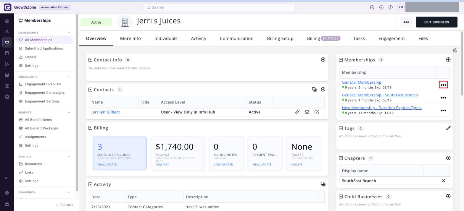 Contact record Overview tab with the actions icon on a Memberships row boxed in red