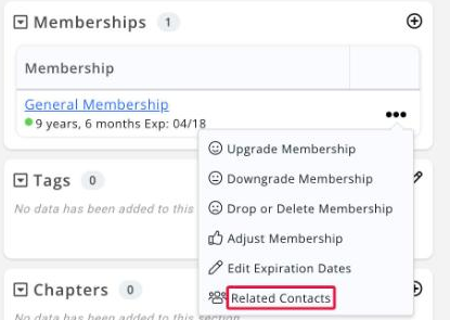Membership row ellipsis menu open, with Related Contacts boxed among Upgrade Membership, Downgrade Membership, Drop or Delete Membership, Adjust Membership and Edit Expiration…