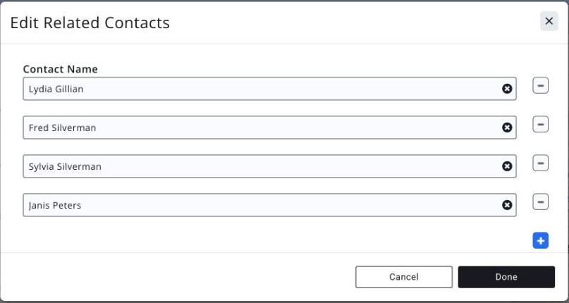Edit Related Contacts window listing the contacts attached to the membership, with minus buttons to remove a row and a plus button to add one