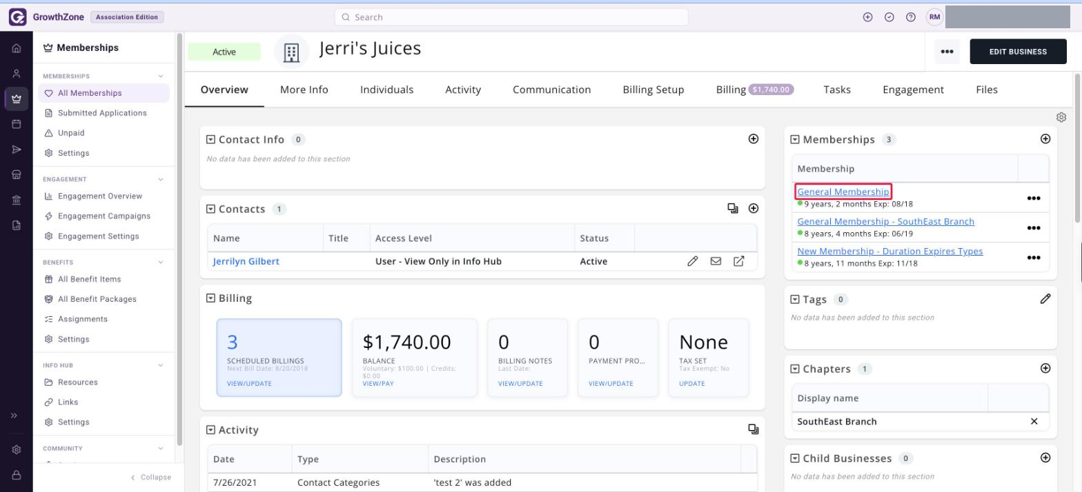 Contact record Overview tab with a membership name in the Memberships section boxed in red