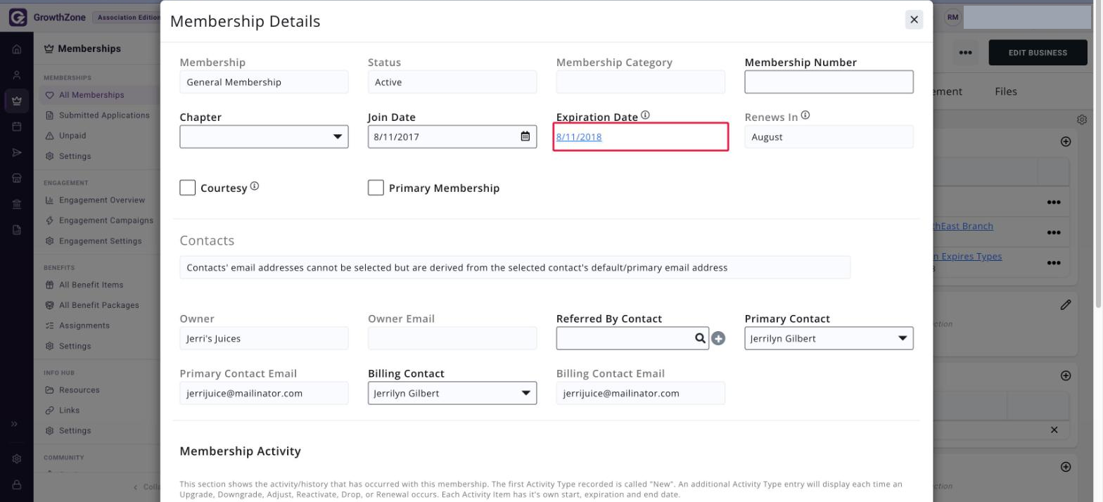 Membership Details dialog with the Expiration Date field boxed in red