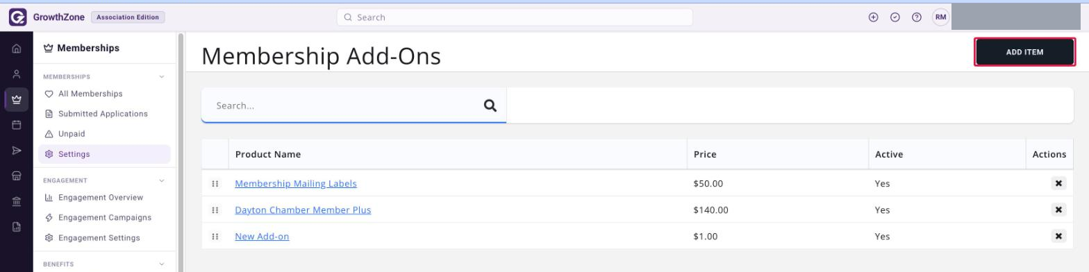 Membership Add-Ons page listing configured add-ons with Product Name, Price and Active columns, and the ADD ITEM button boxed