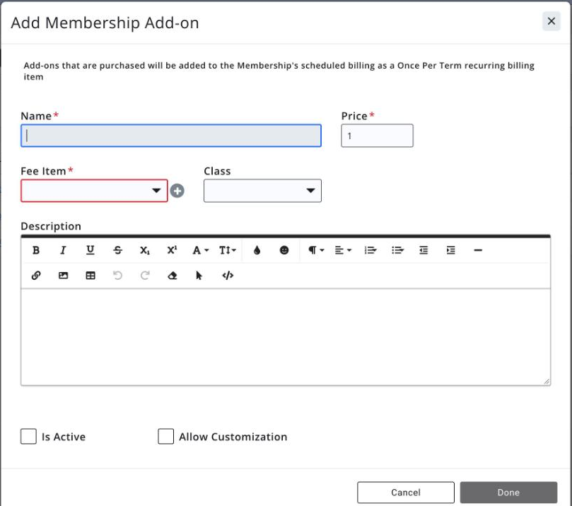 Add Membership Add-on window showing the Name, Price, Fee Item, Class and Description fields and the Is Active and Allow Customization checkboxes