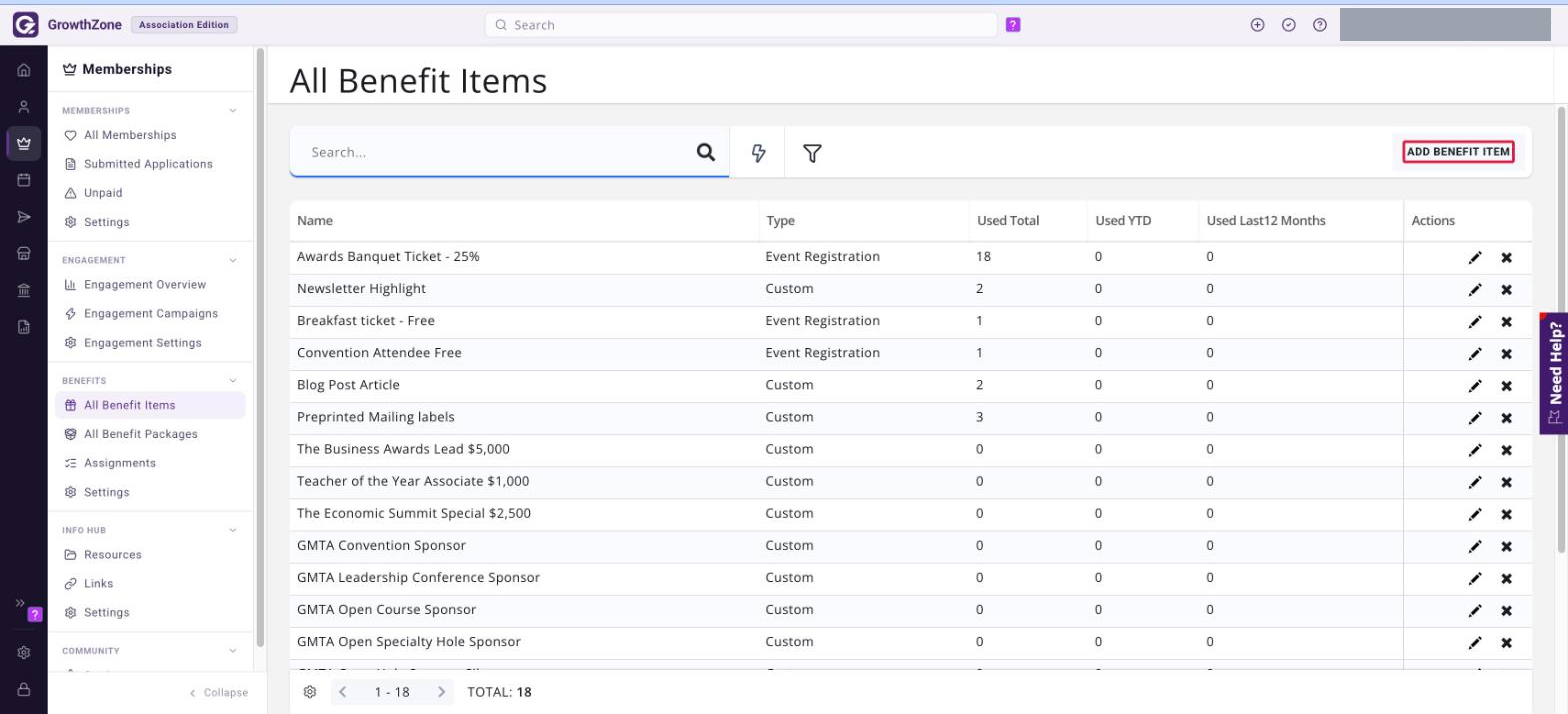 All Benefit Items page with the ADD BENEFIT ITEM button boxed in red