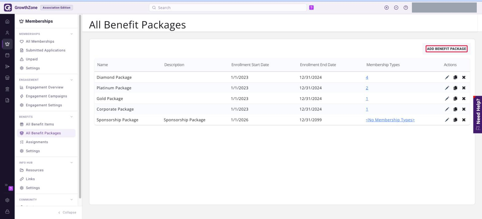 All Benefit Packages page with the ADD BENEFIT PACKAGE button boxed in red