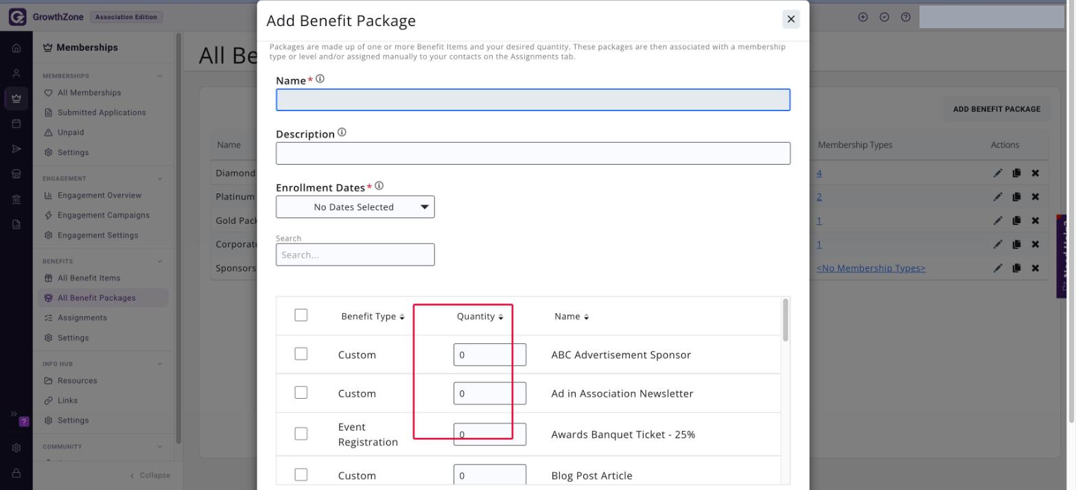 Add Benefit Package dialog with the Quantity column of the benefit item list boxed in red