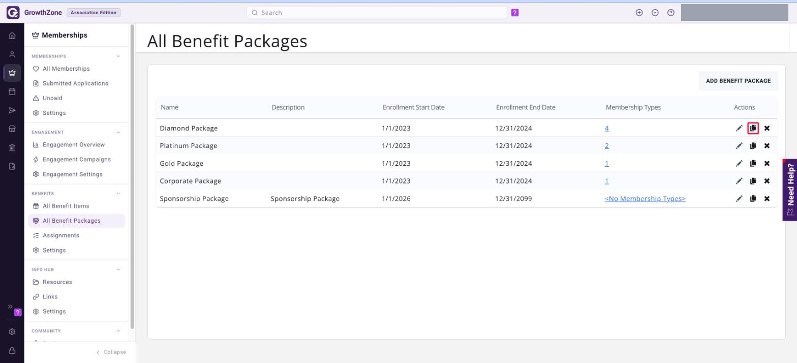 All Benefit Packages grid with the copy icon in the Actions column boxed in red