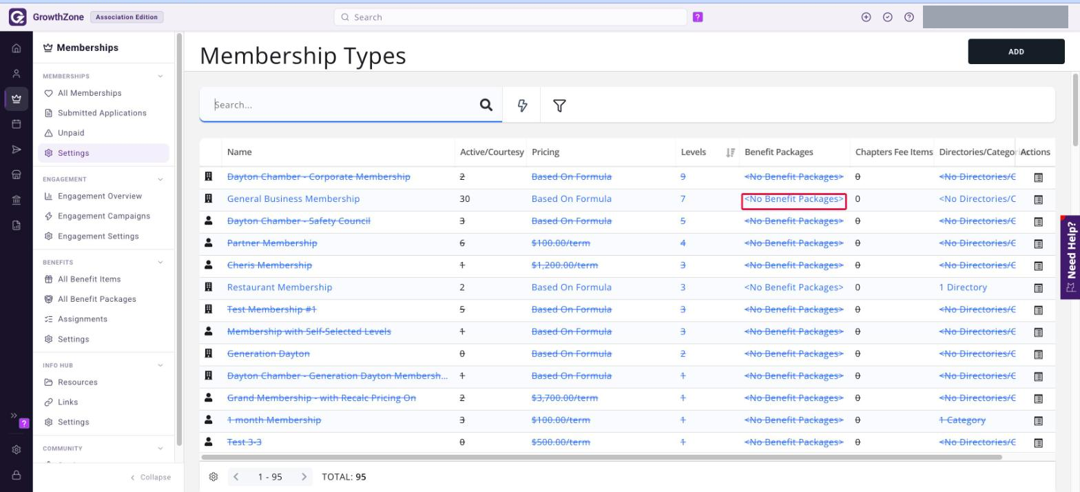 Membership Types grid with a No Benefit Packages link in the Benefit Packages column boxed in red