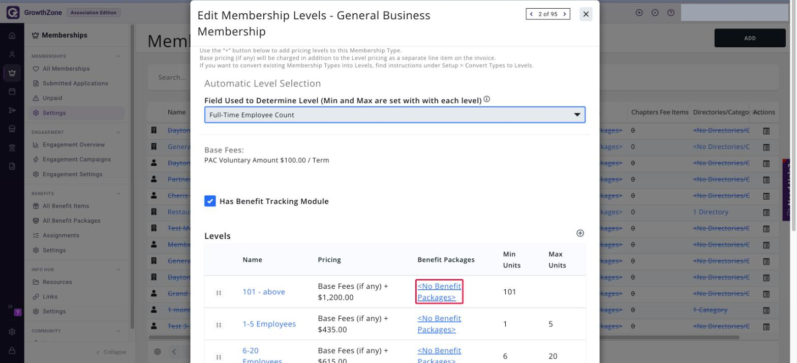 Edit Membership Levels screen with a No Benefit Packages link in the Benefit Packages column boxed in red