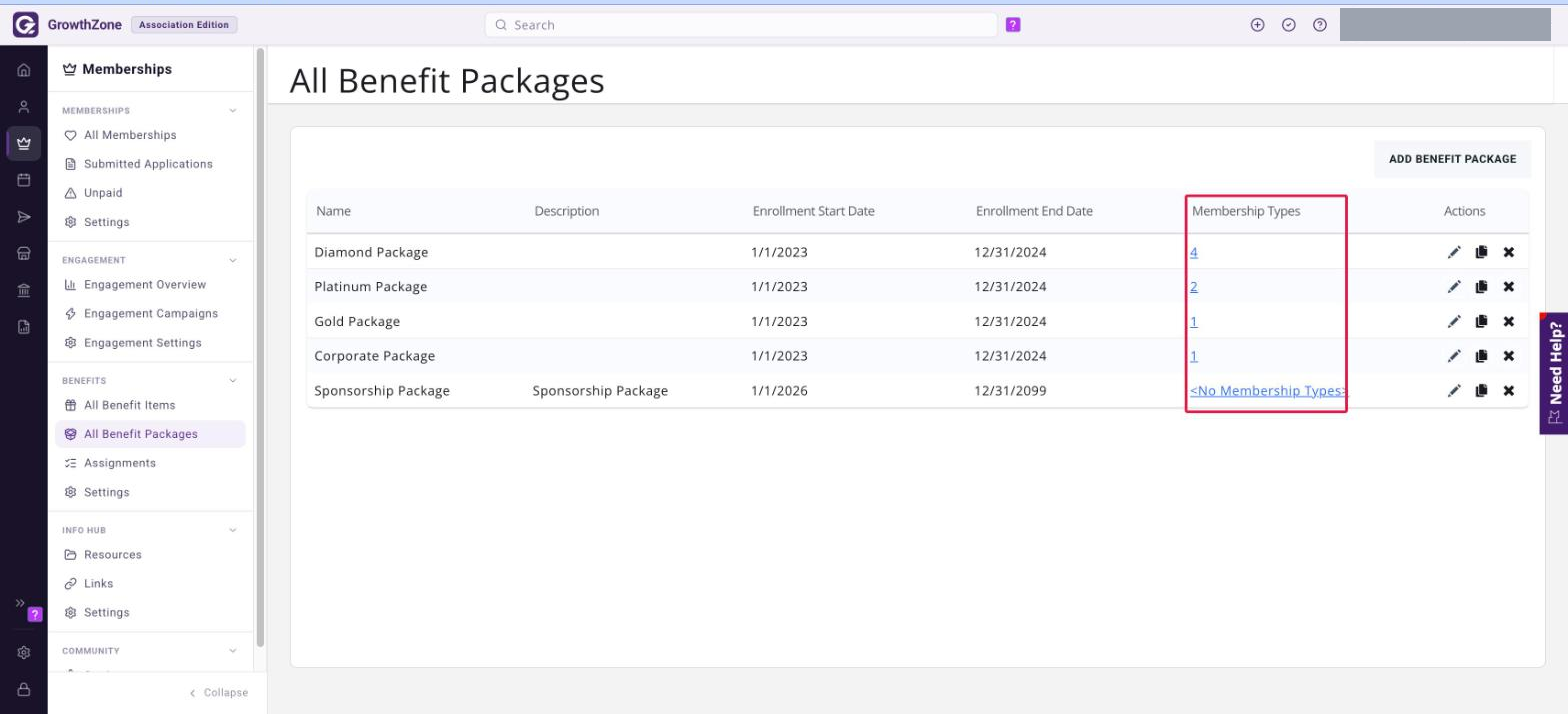 All Benefit Packages grid with the Membership Types column boxed in red