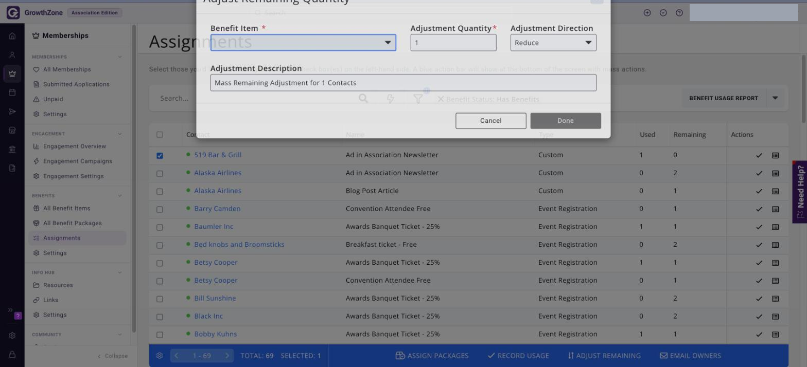 Adjust Remaining Quantity screen showing the Benefit Item, Adjustment Quantity, Adjustment Direction and Adjustment Description fields